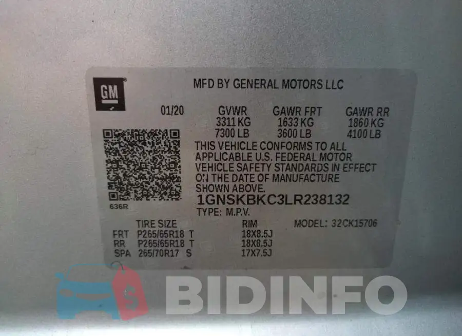 1GNSKBKC3LR238132 Photo# 10