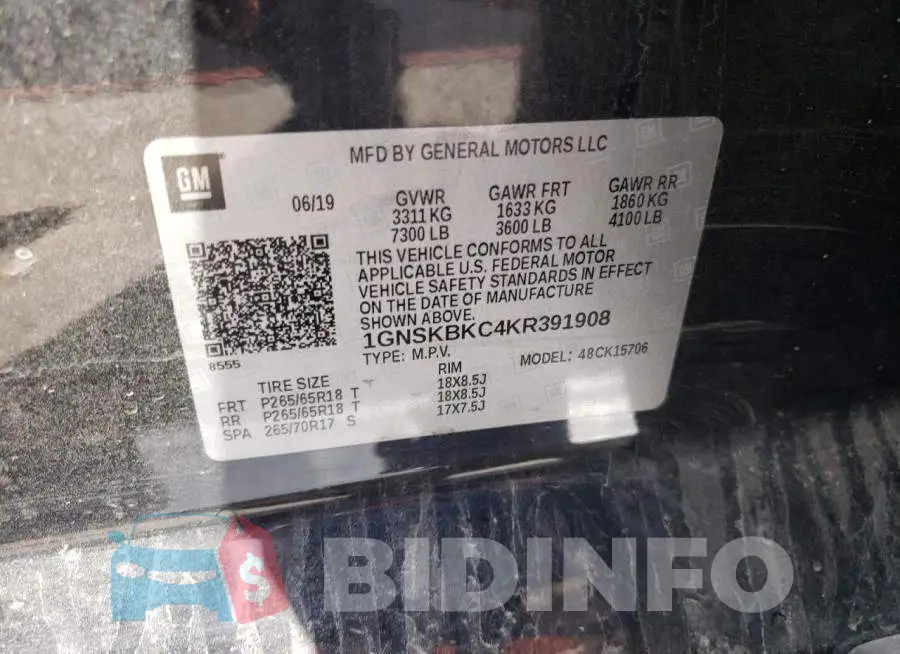 1GNSKBKC4KR391908 Photo# 10