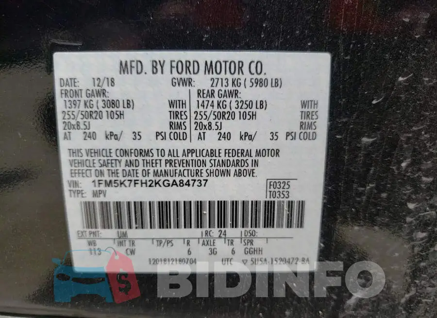 1FM5K7FH2KGA84737 Photo# 10