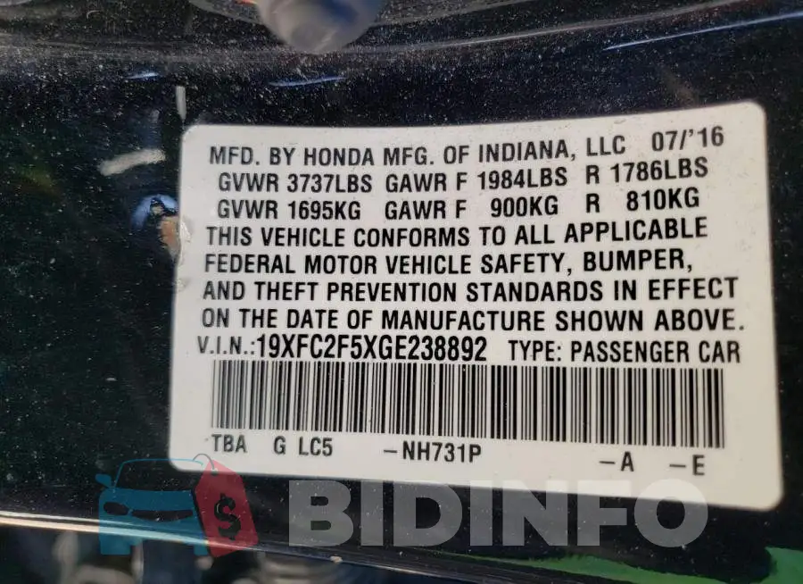 19XFC2F5XGE238892 Photo# 10