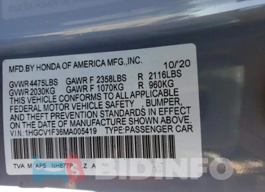 1HGCV1F36MA005419 Photo# 10