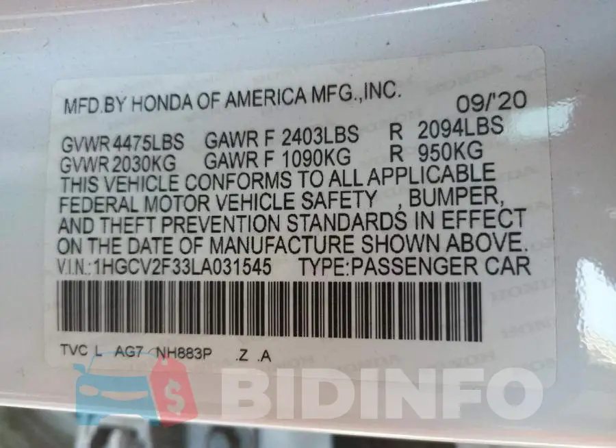 1HGCV2F33LA031545 Photo# 10