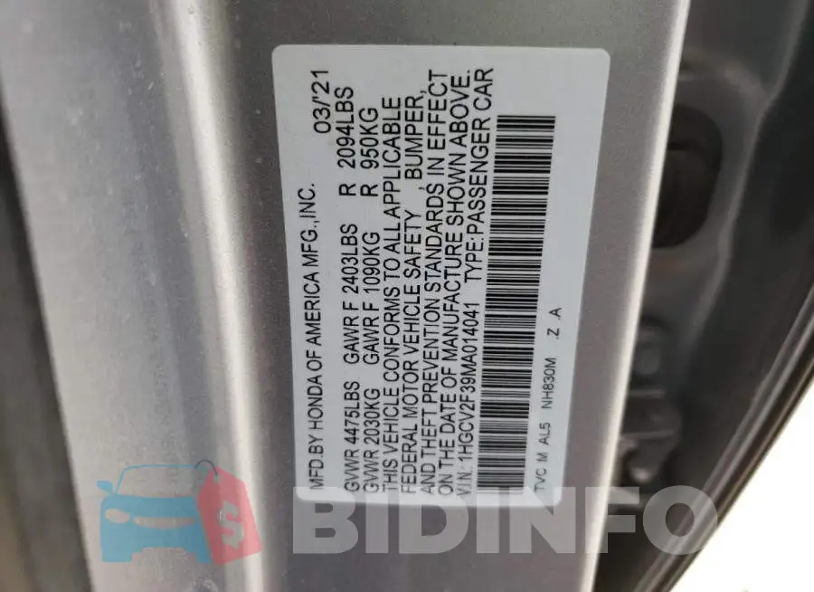 1HGCV2F39MA014041 Photo# 10