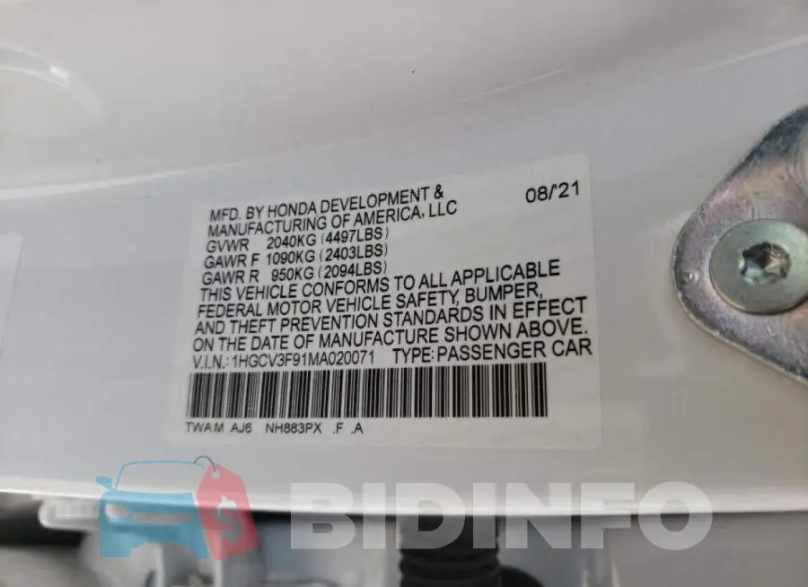 1HGCV3F91MA020071 Photo# 10