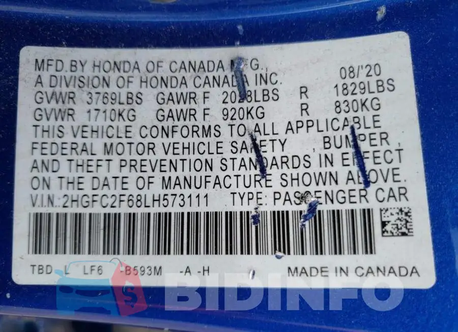 2HGFC2F68LH573111 Photo# 10