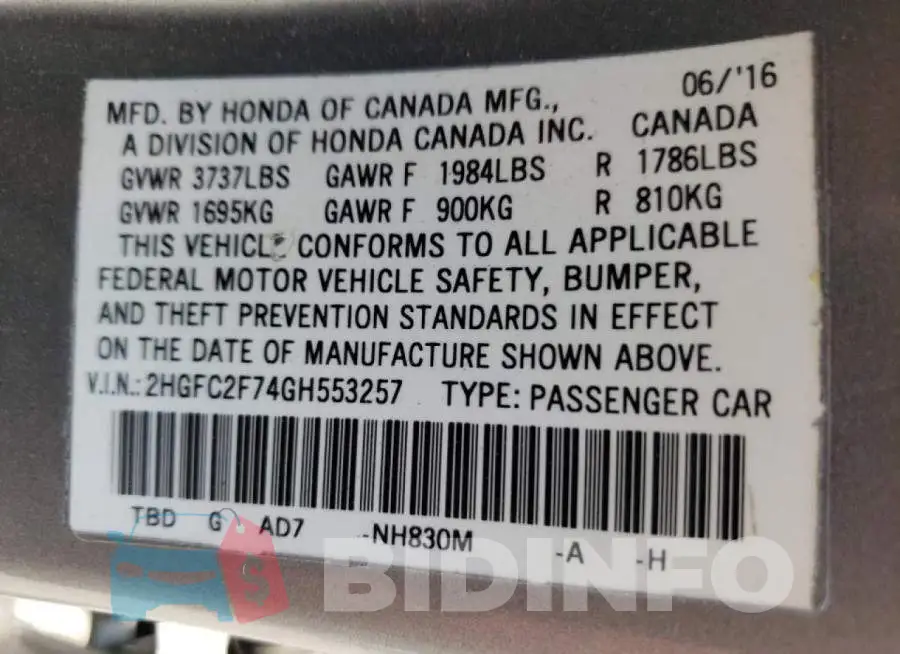 2HGFC2F74GH553257 Photo# 10