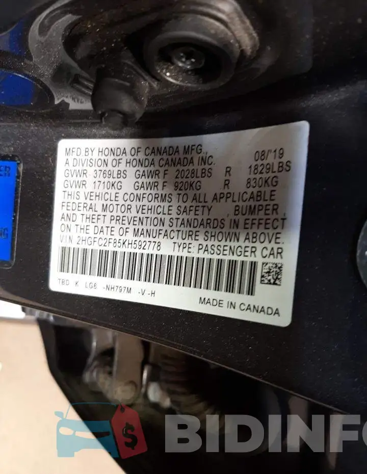 2HGFC2F85KH592778 Photo# 10