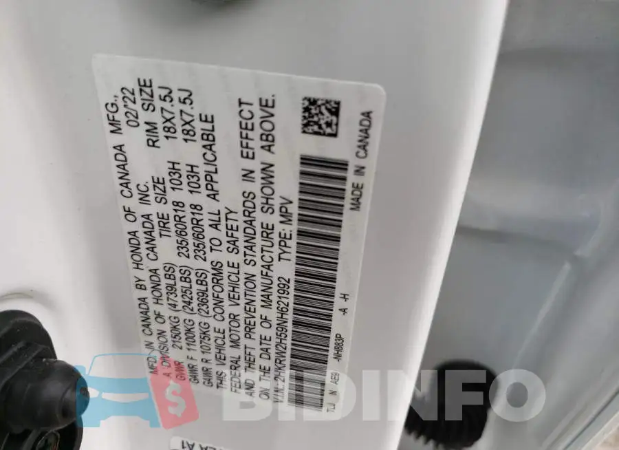 2HKRW2H59NH621992 Photo# 10
