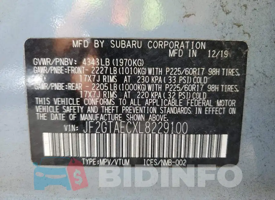 JF2GTAECXL8229100 Photo# 10