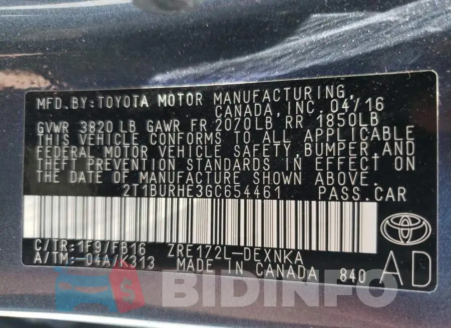 2T1BURHE3GC654461 Photo# 10