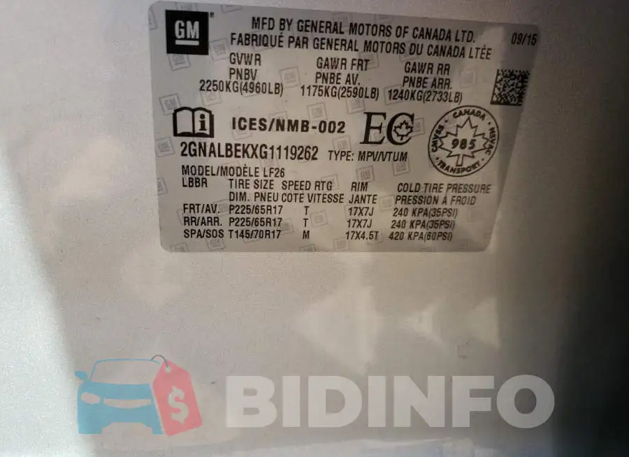 2GNALBEKXG1119262 Photo# 10