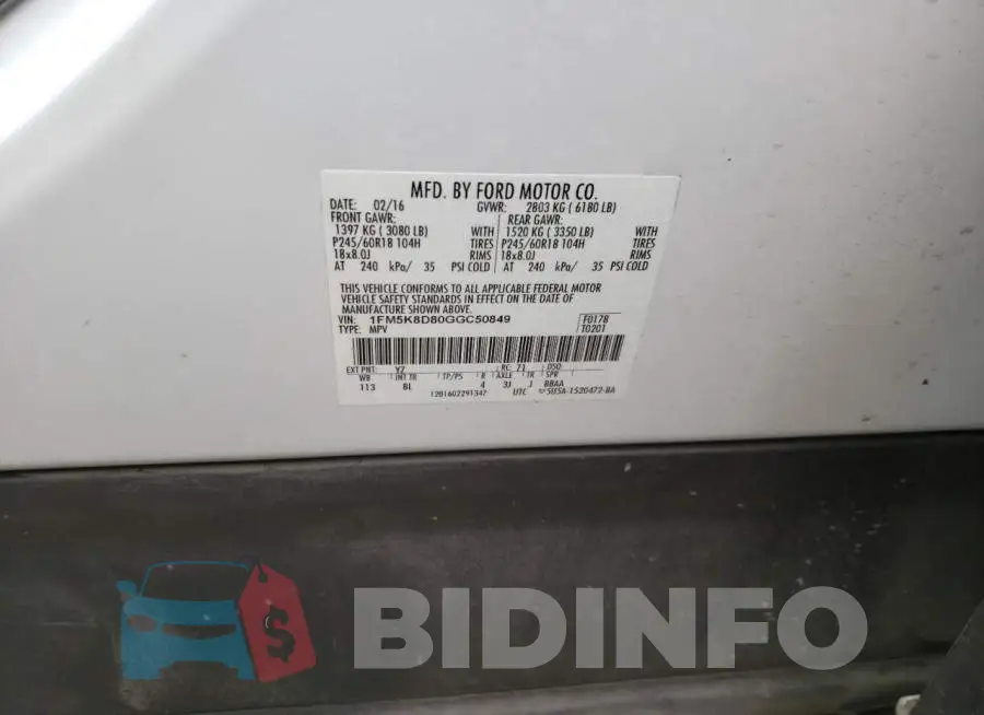 1FM5K8D80GGC50849 Photo# 10