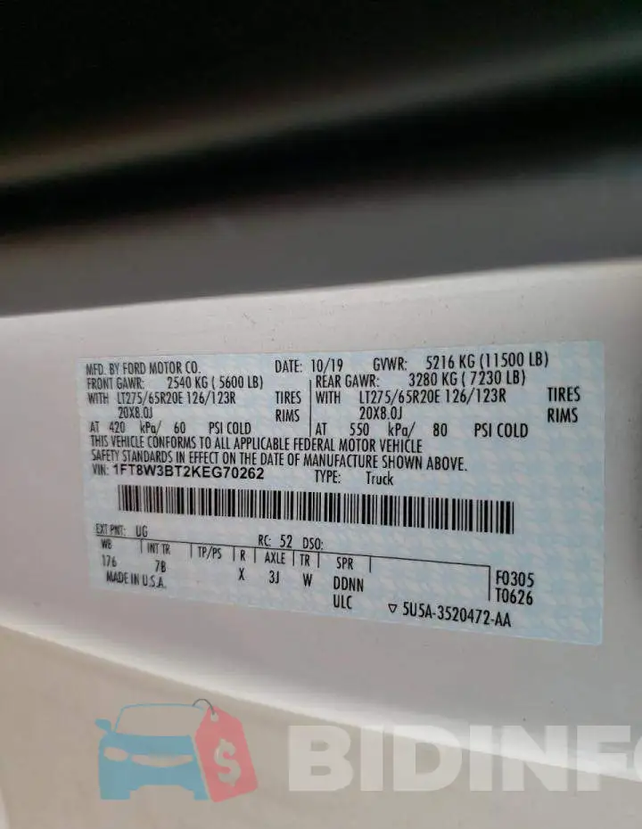 1FT8W3BT2KEG70262 Photo# 10