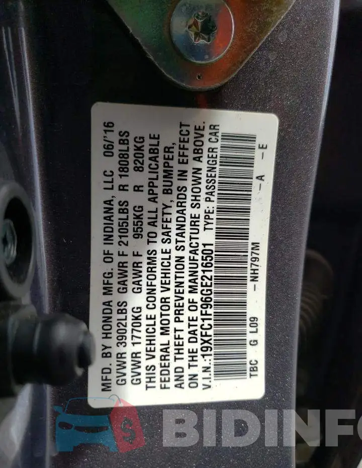 19XFC1F96GE216501 Photo# 10