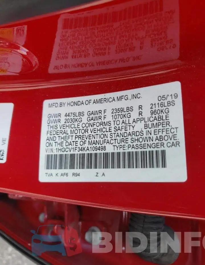 1HGCV1F34KA109498 Photo# 10