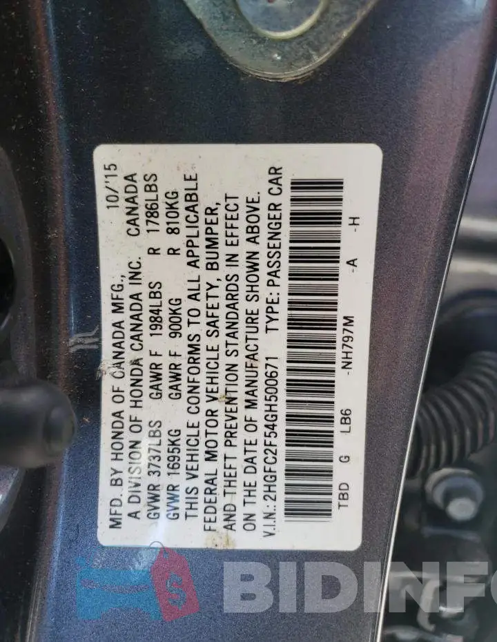 2HGFC2F54GH500671 Photo# 10