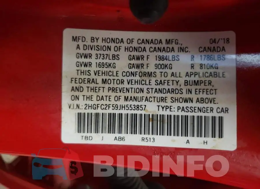 2HGFC2F59JH553857 Photo# 10