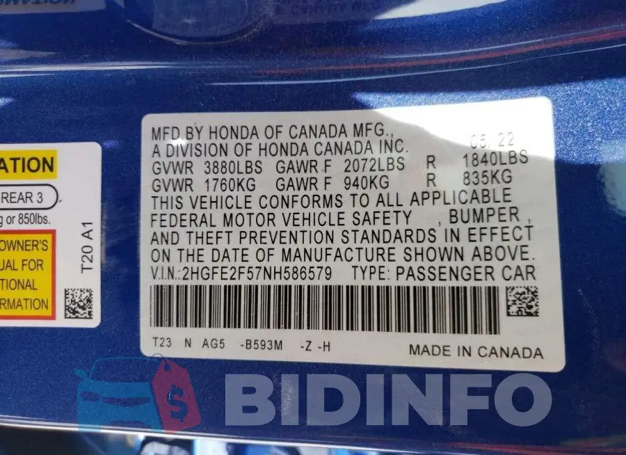 2HGFE2F57NH586579 Photo# 10