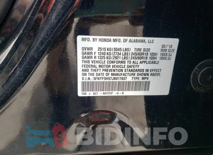 5FNYF5H57JB017637 Photo# 10