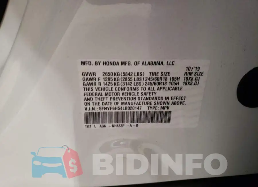 5FNYF6H54LB020147 Photo# 10