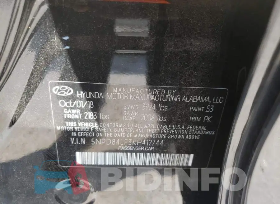 5NPD84LF3KH412744 Photo# 10