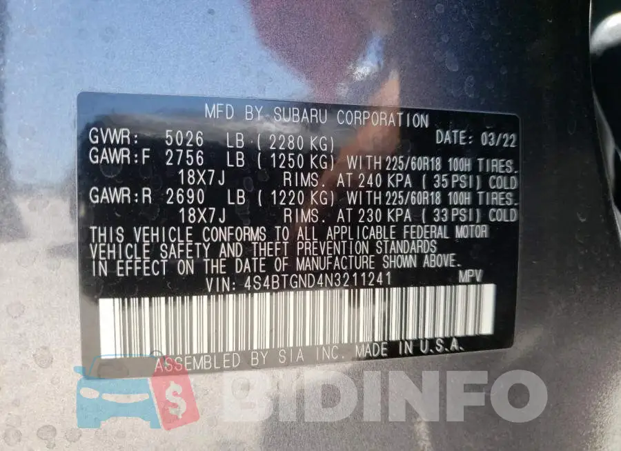 4S4BTGND4N3211241 Photo# 10