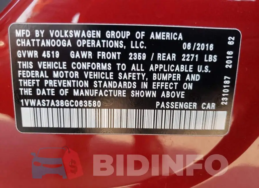 1VWAS7A38GC063580 Photo# 10