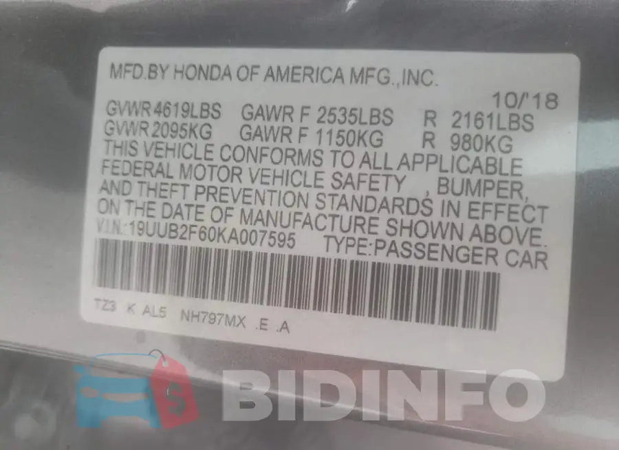 19UUB2F60KA007595 Photo# 10