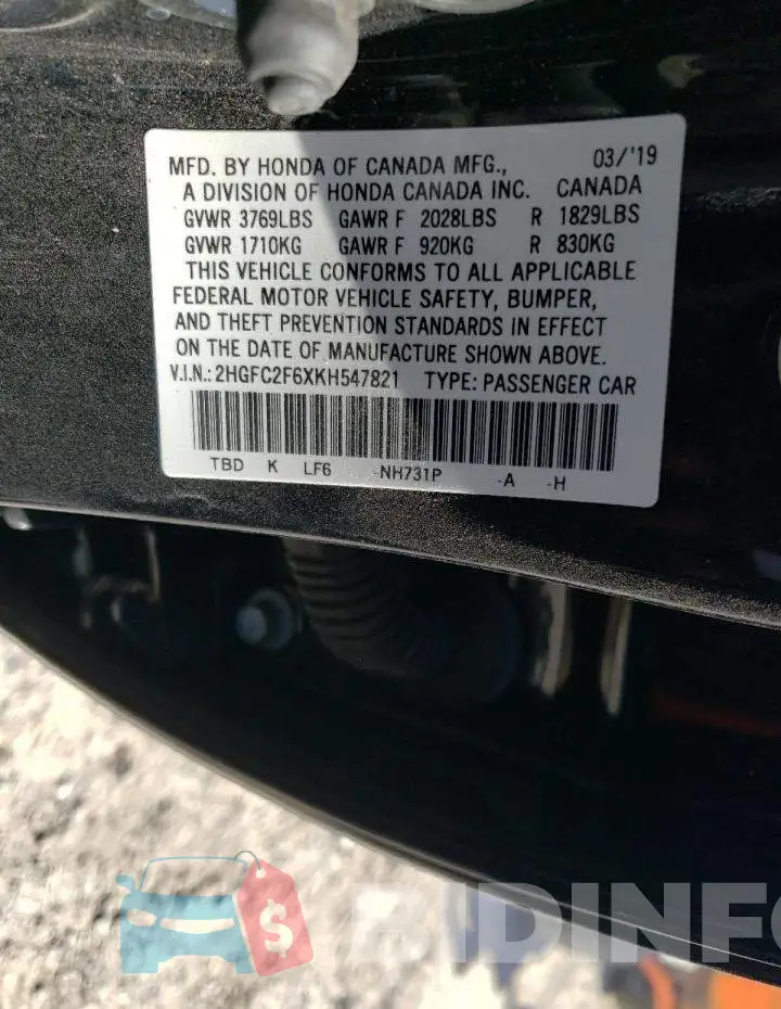2HGFC2F6XKH547821 Photo# 10