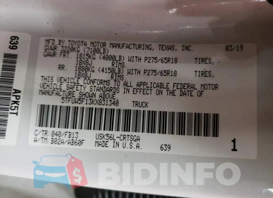 5TFUW5F13KX831340 Photo# 10