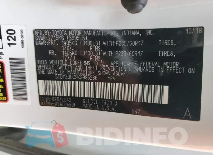 5TDYZ3DC9KS986286 Photo# 10