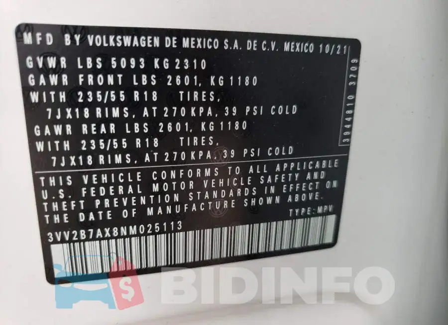 3VV2B7AX8NM025113 Photo# 10