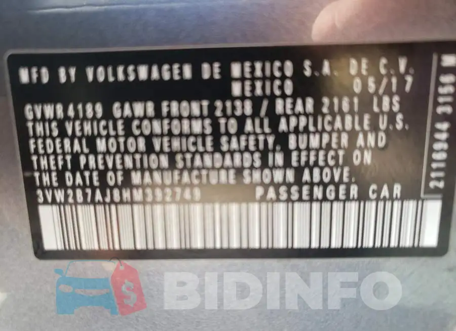 3VW2B7AJ8HM392749 Photo# 10