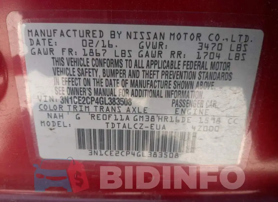 3N1CE2CP4GL383508 Photo# 10
