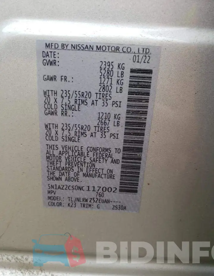 5N1AZ2CS0NC117002 Photo# 10