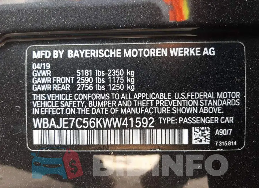 WBAJE7C56KWW41592 Photo# 10