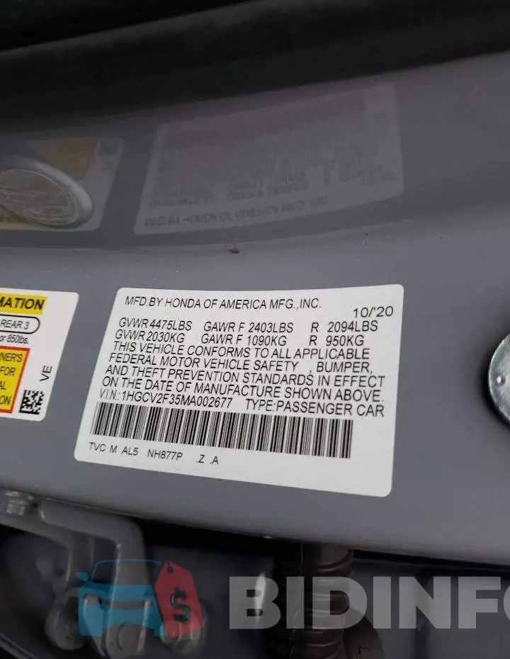 1HGCV2F35MA002677 Photo# 10