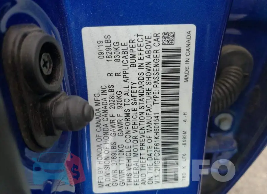 2HGFC2F61KH601541 Photo# 10
