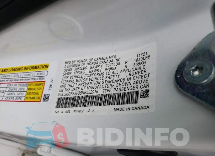 2HGFE2F55NH552916 Photo# 10