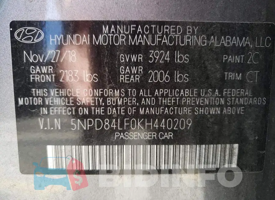 5NPD84LF0KH440209 Photo# 10