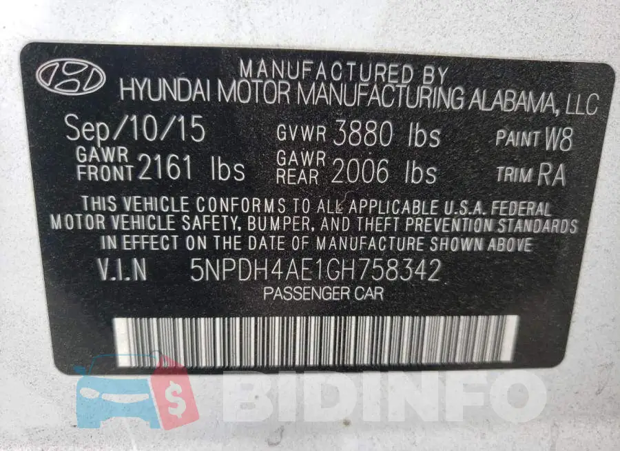 5NPDH4AE1GH758342 Photo# 10