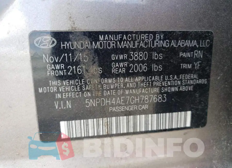 5NPDH4AE7GH787683 Photo# 10