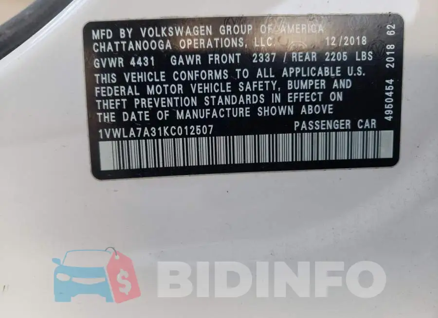 1VWLA7A31KC012507 Photo# 10