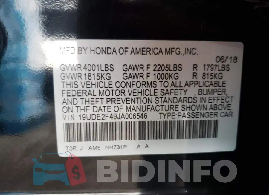 19UDE2F49JA006546 Photo# 10