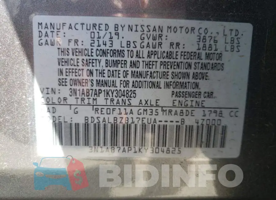 3N1AB7AP1KY304825 Photo# 10