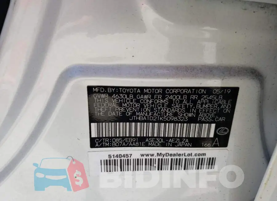 JTHBA1D21K5098323 Photo# 10