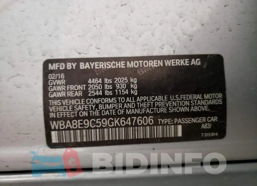 WBA8E9C59GK647606 Photo# 10