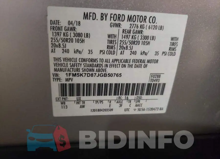 1FM5K7D87JGB50765 Photo# 10