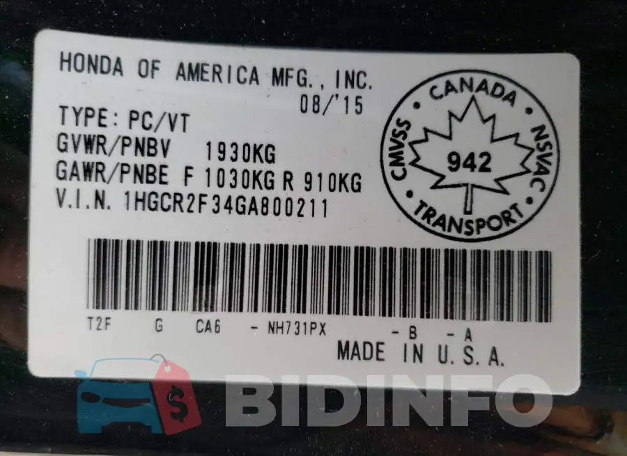 1HGCR2F34GA800211 Photo# 10