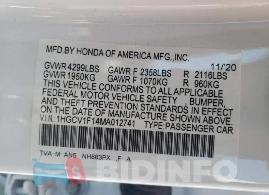 1HGCV1F14MA012741 Photo# 10